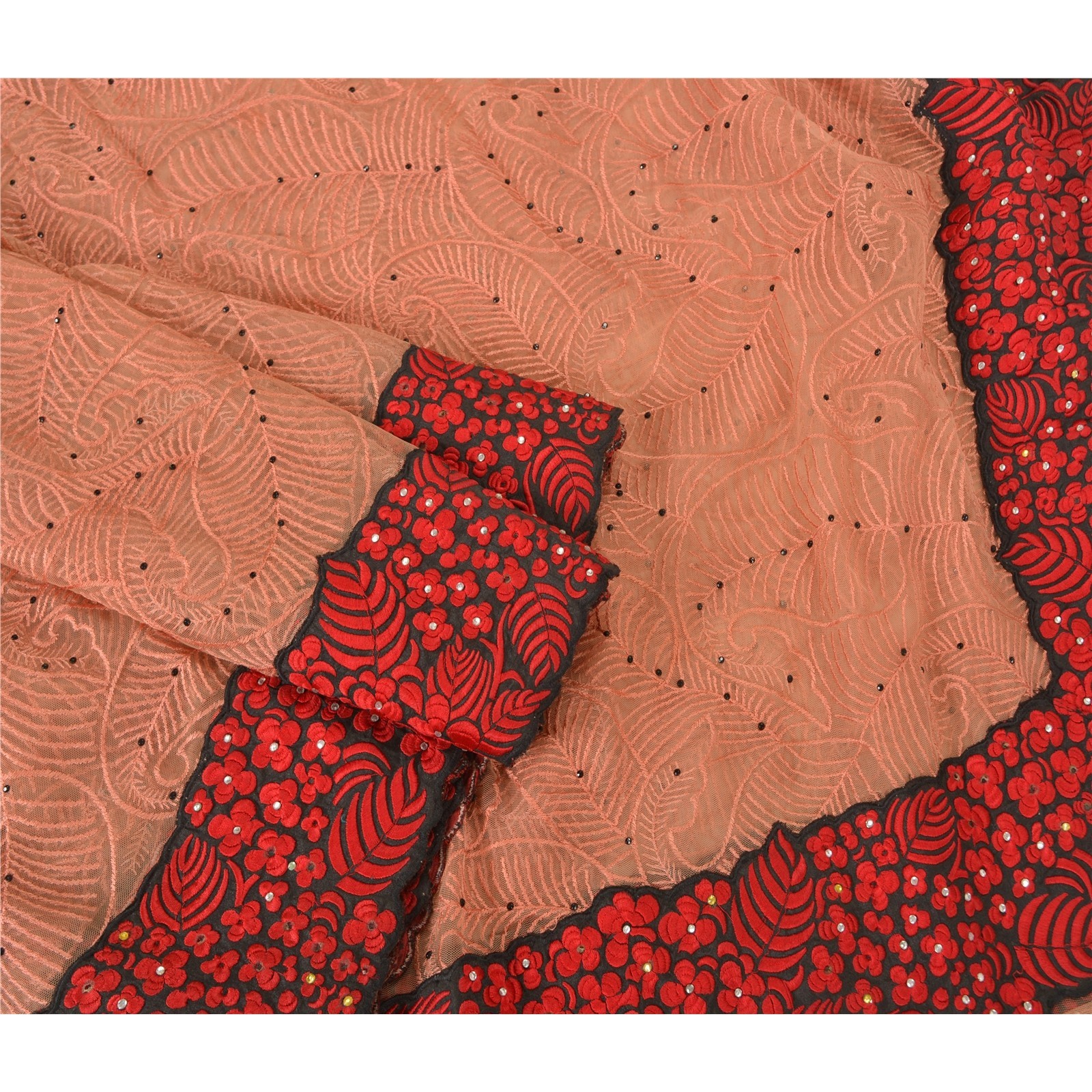 Sanskriti Vintage Peach Sarees Net Mesh Hand Beaded 5+Yd Fabric Sari With Blouse