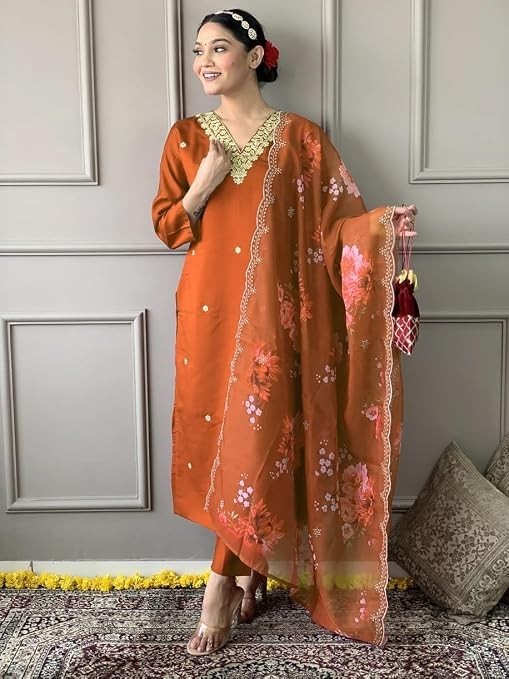 Women Rust Plus Size Printed Ethnic Kurta Top Trouser Pants, Festive Dress Eid