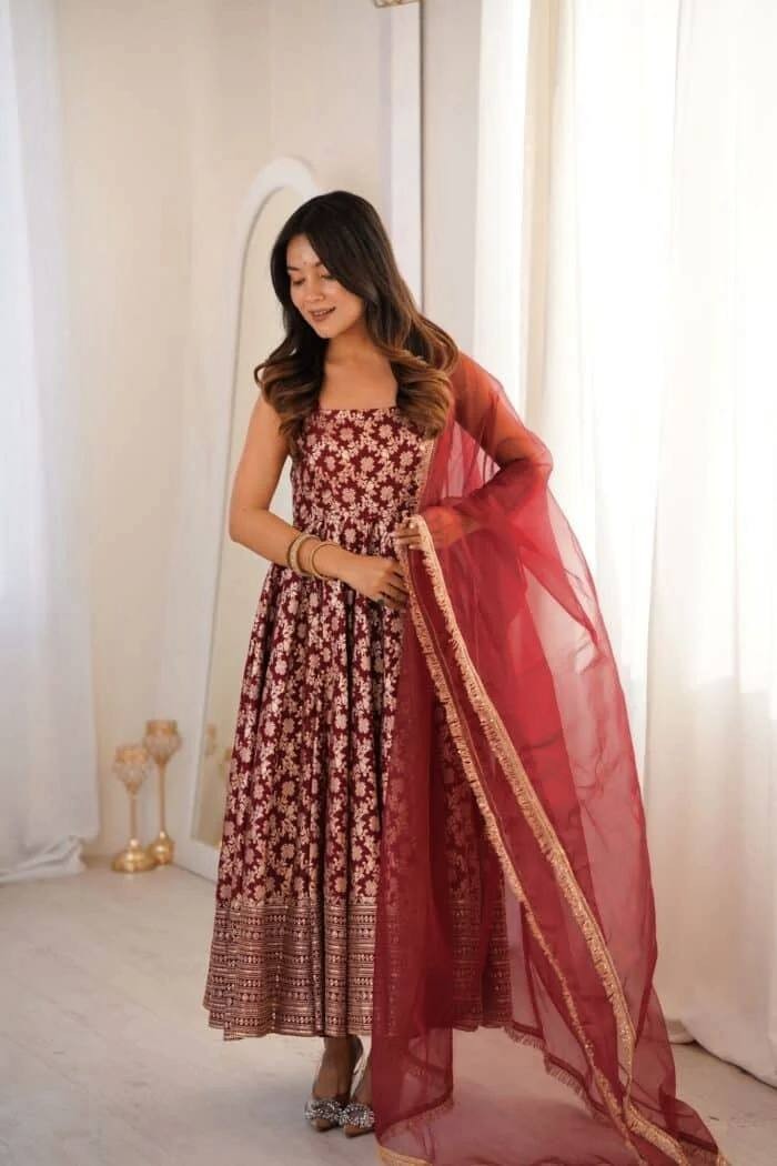 Stylish Look Chanderi Jacquard Maroon Gown Bottom With Dupatta For Party Wear
