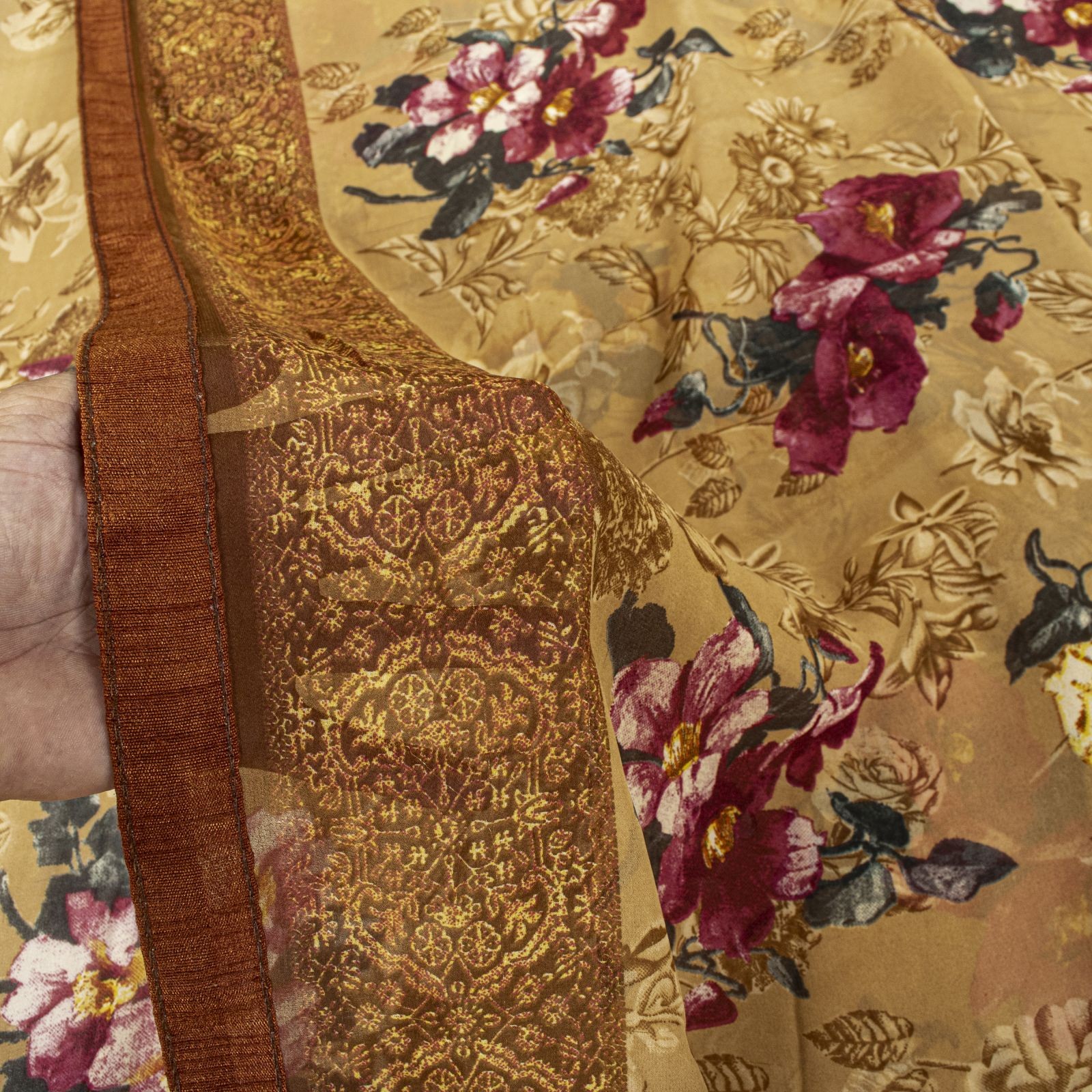 Sanskriti Vintage Saree Brown Georgette Digital Print Floral Sari 5 Yard Fabric