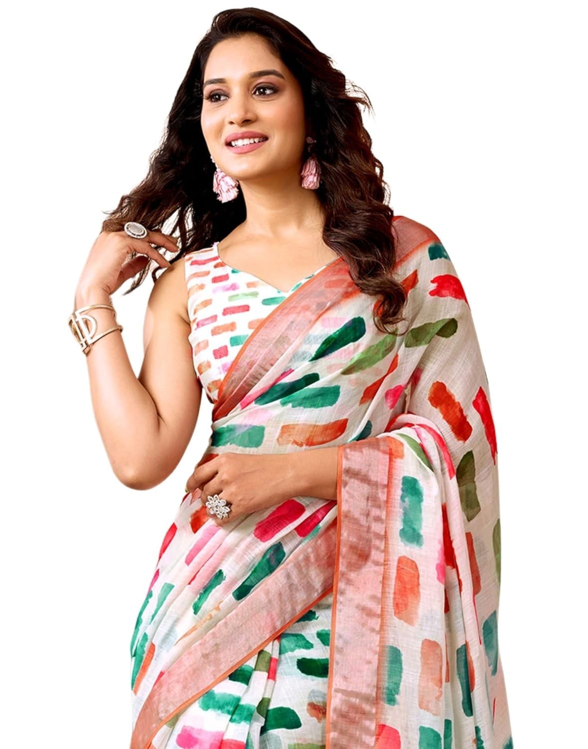 Women’s Cotton Linen Printed Ready To Wear With Pocket Saree with Blouse Piece