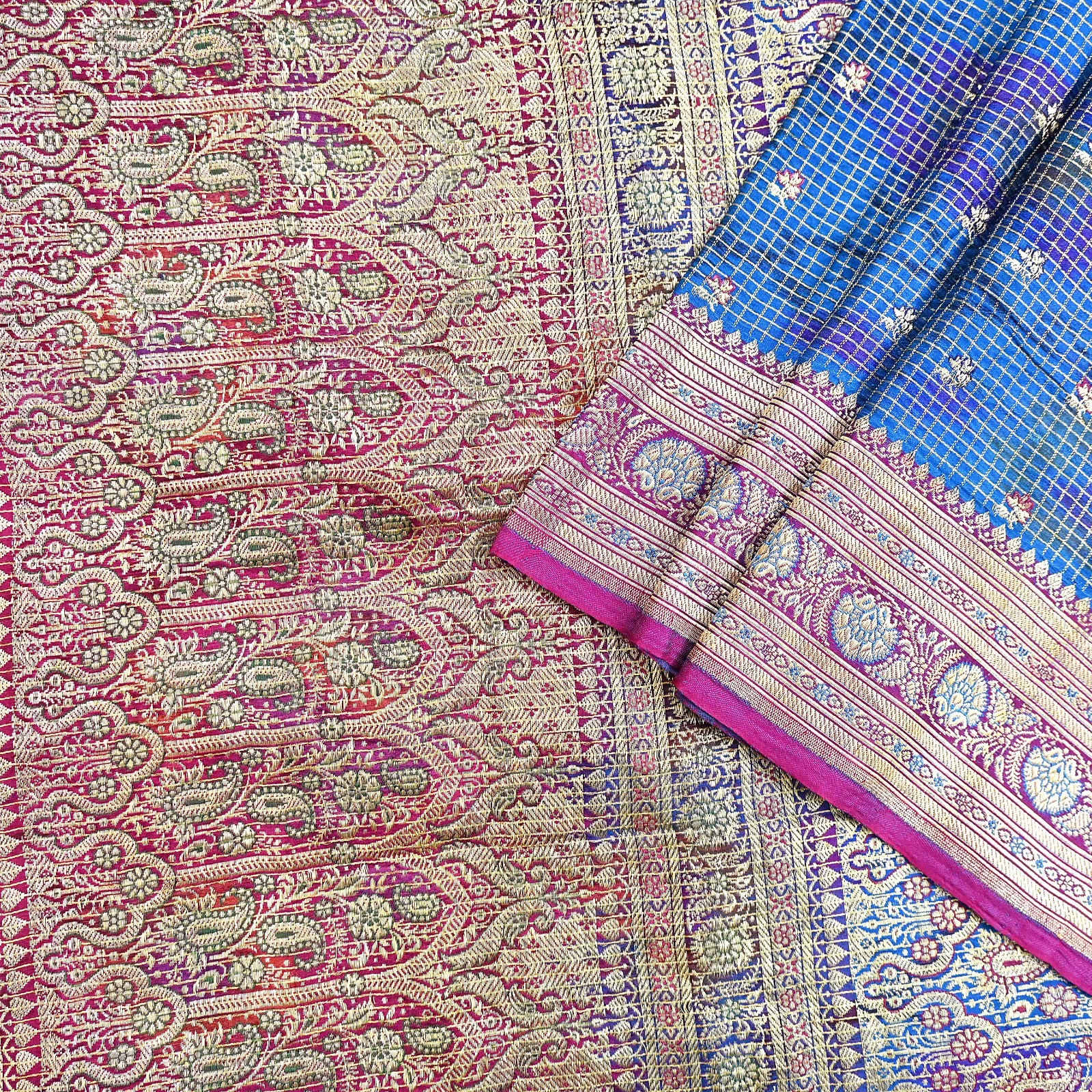 Indian Vintage Blue Heavy Sari Pure Satin Silk Woven Banarasi Tanchoi Saree 5yd