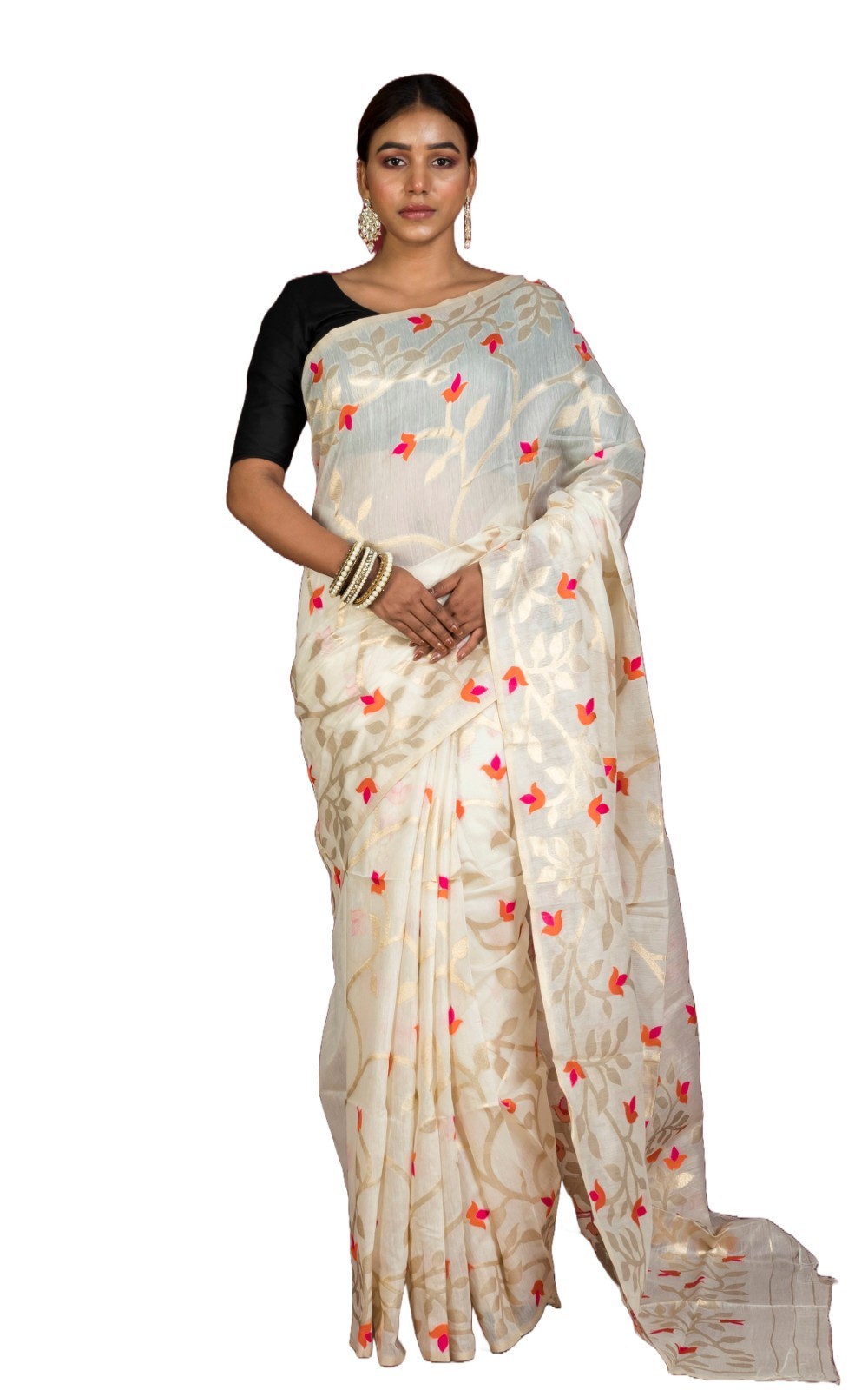 Traditional Soft Jamdani Saree Floral Handwoven Inspired Cotton Blend Women