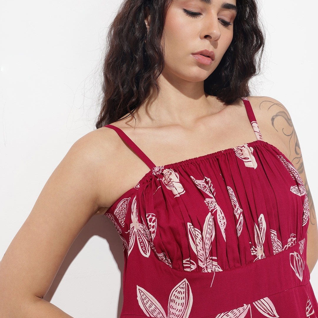 Plus Size Maroon Shoulder Straps Fit & Flared Rayon Dress for Women | Flowy Midi