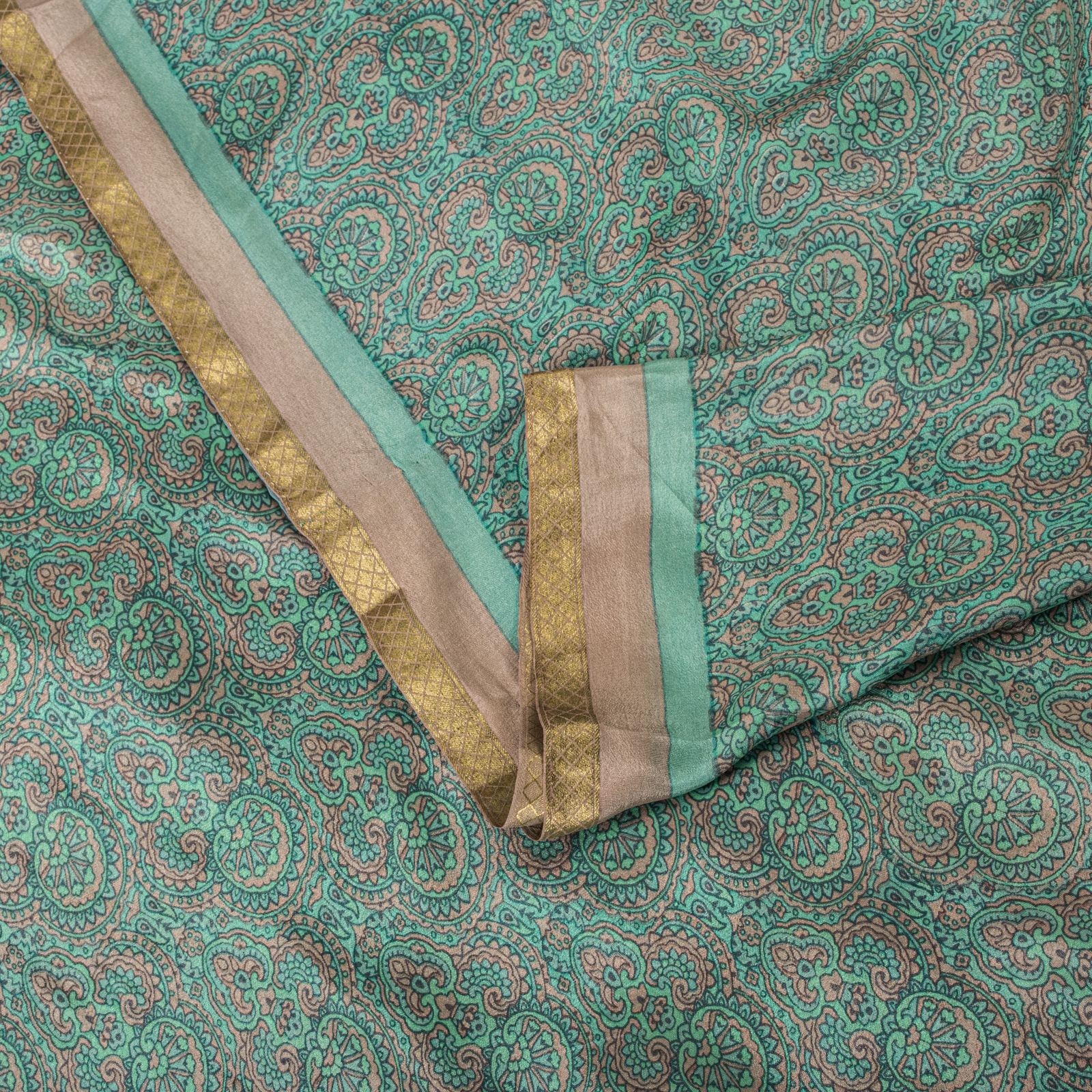 Sanskriti Vintage Saree Green Soft Pure Silk Floral Printed Sari 5.5+Yd Fabric
