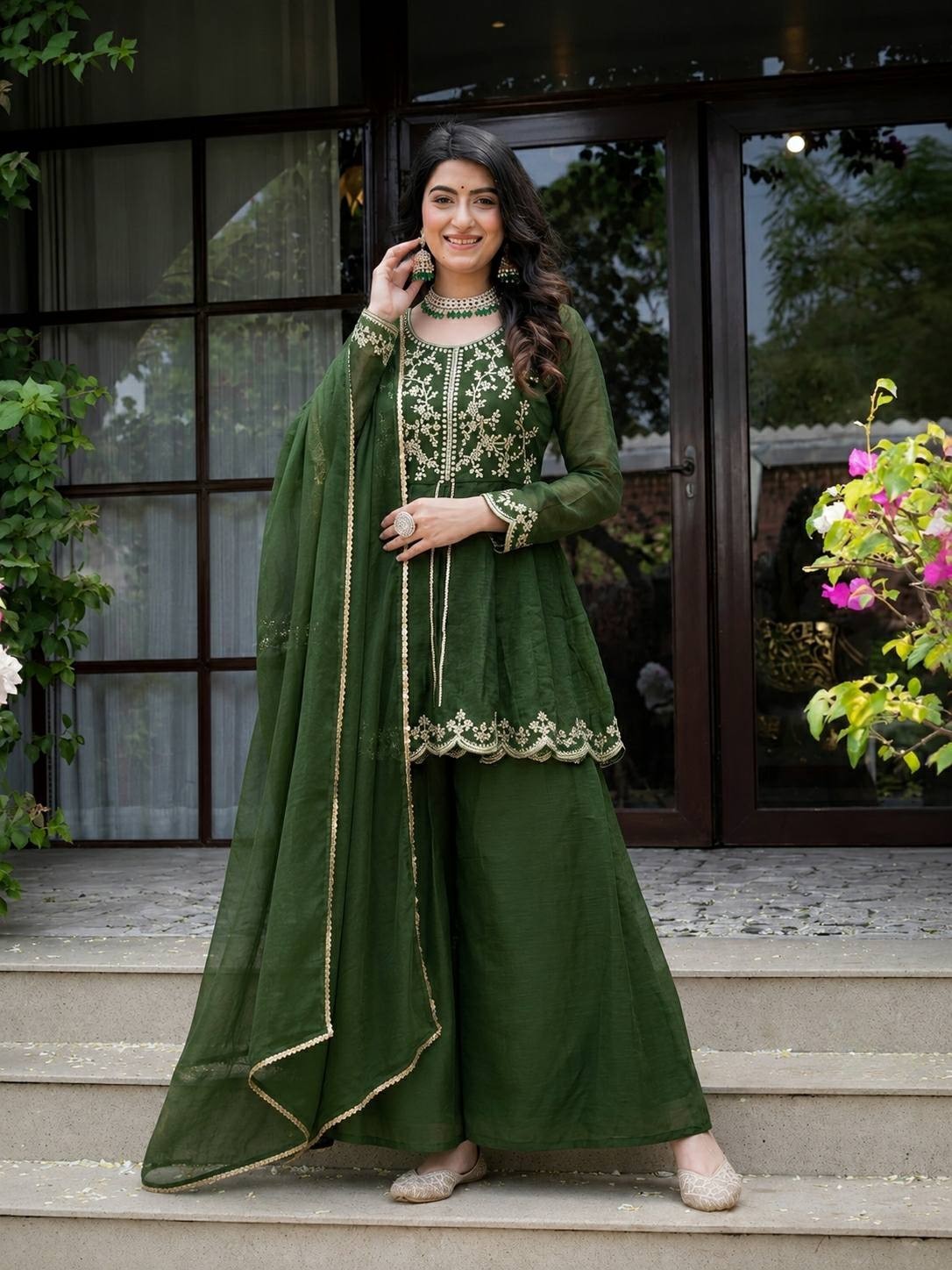 Fancy Designer Green Crunchy Silk Kurta Palazzo With Dupatta For Women