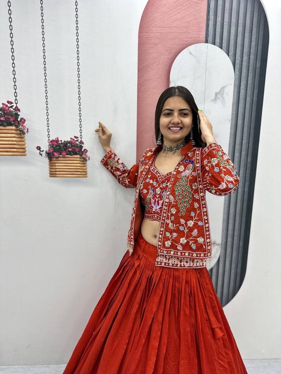 Designer Vichitra Silk Lehenga Choli with Jacket Heavy Thread Sequence Work