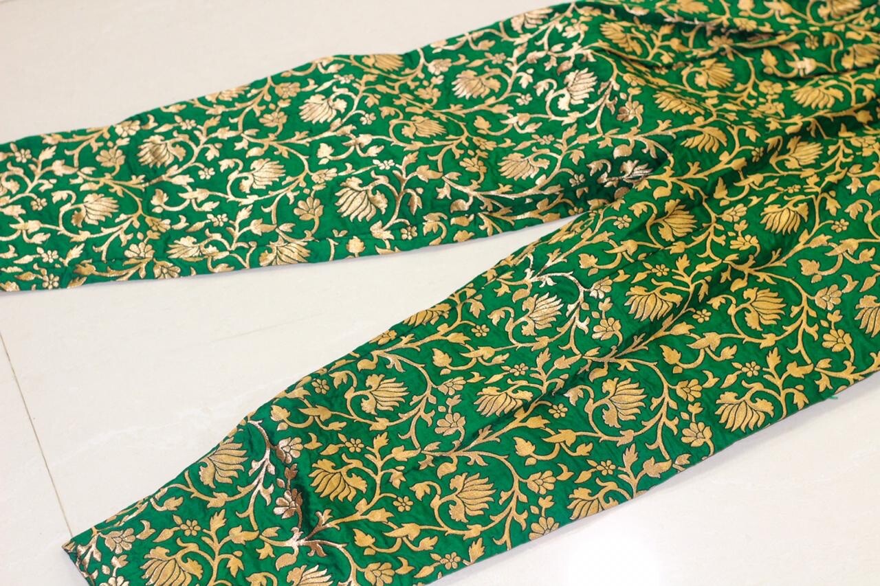 Indian Pakistani Gold Suit with Silk Jamawar Green Pants – Size 46/2XL