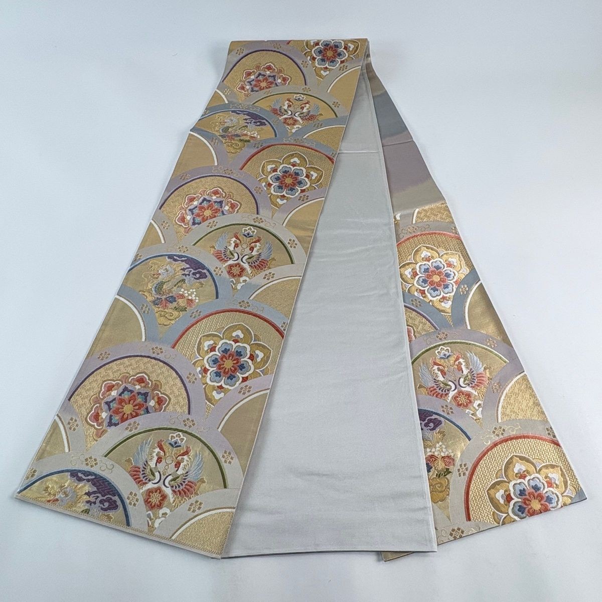 Fukuro Obi Six Panel Gold Thread Foil Bird Wave Gold Silk 426cm Finished