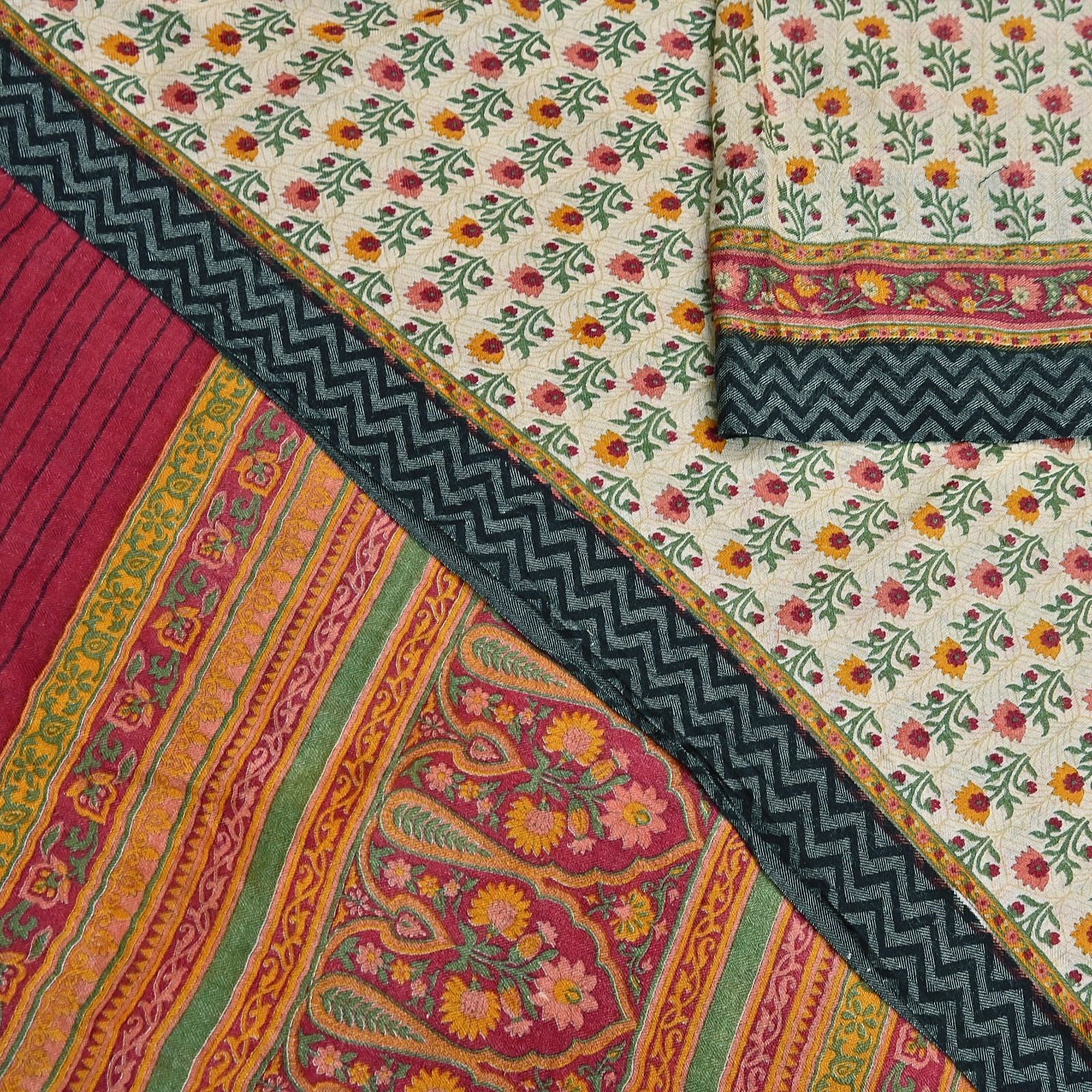 Vintage Red Beige Wool Saree Indian Pure Woolen Woven Floral Fabric 5Yard Soft