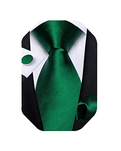 Mens Tie Set Silk Solid Paisley Necktie and Pocket Square Emerald Green Solid