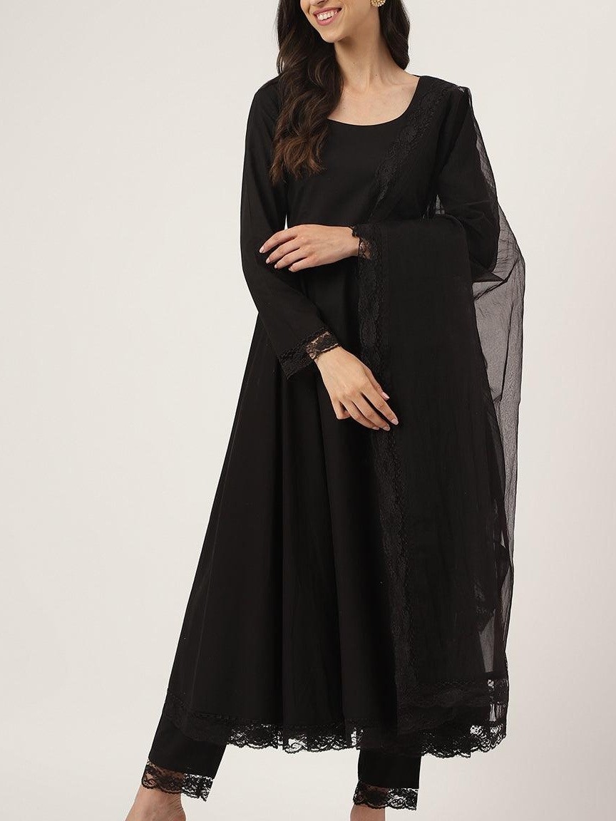 Black Solid Anarkali Kurta Pant Set with Dupatta for Women XS-7XL