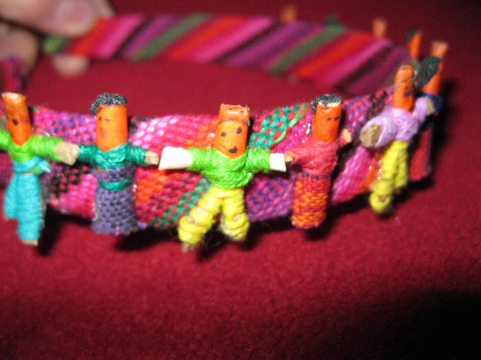 FROM GUATEMALA, SMALL HANDMADE, RED FABRIC HAIR BAND W/ TINY DOLLS, NEW