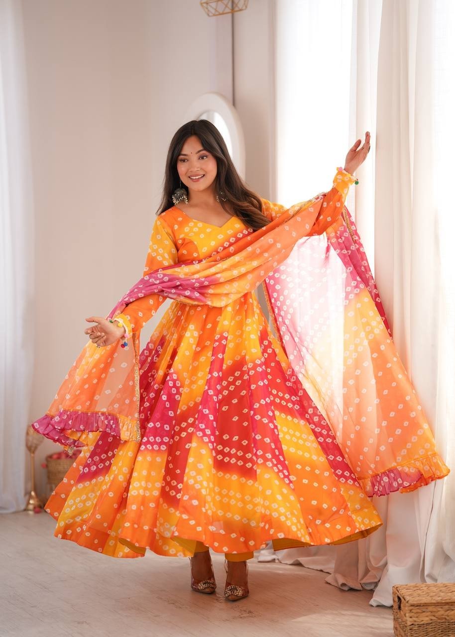 Printed Tabby Organza Gown Pant Dupatta Set Bandhani Flared Anarkali Suit Pack