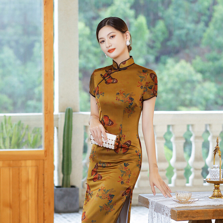 Chinese Traditional Qipao Dress Women Summer Silk Cheongsam Festival Party Gowns