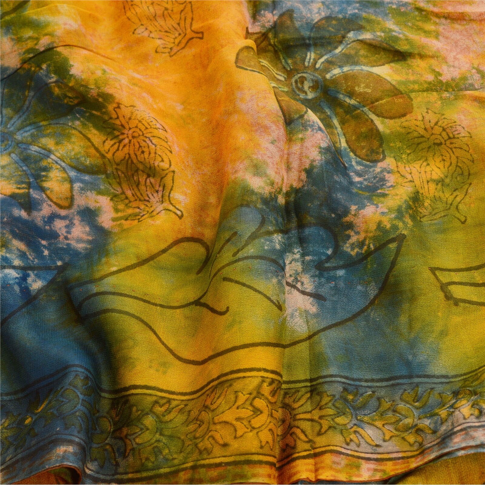 Sanskriti Vintage Saffron Tie-Dye Sarees Blend Georgette Sari Soft Craft Fabric