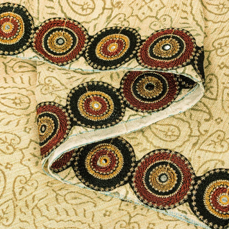 Sanskriti Vintage Ivory Pure Woolen Saree Fabric Hand Block Kutch Embroidery 5Yd