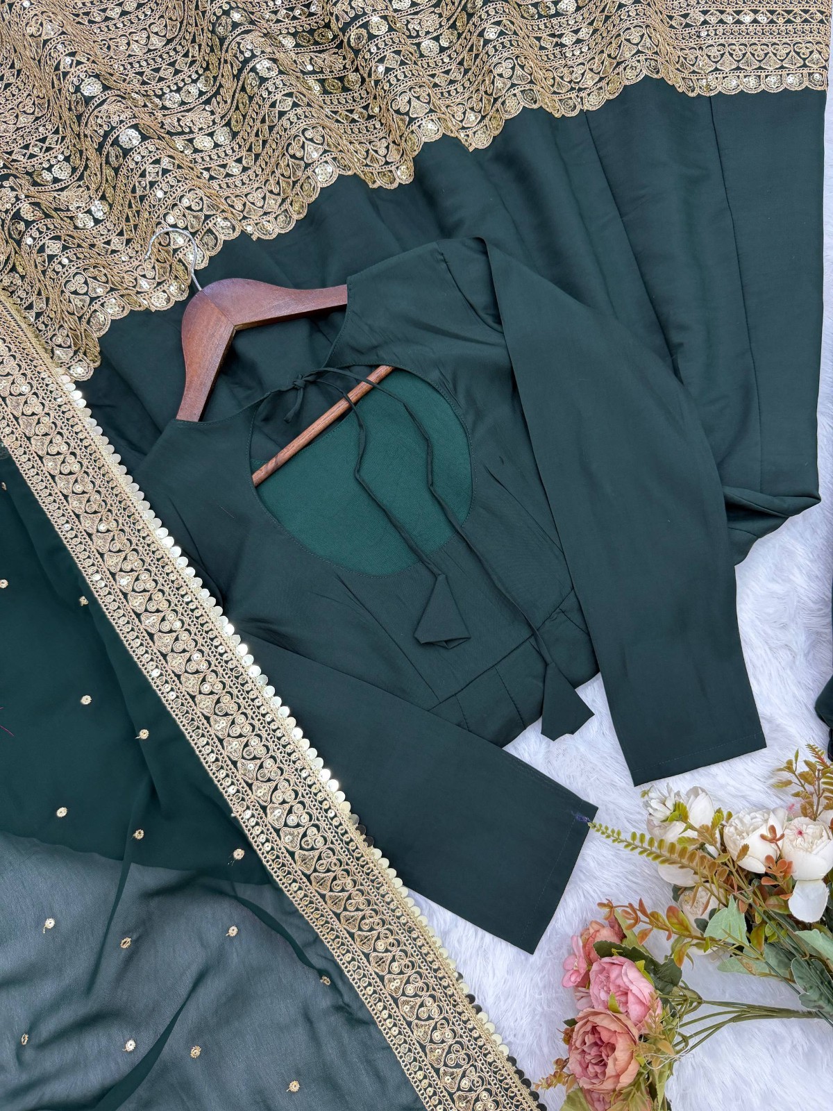 Heavy Roman Silk Green Gown Bottom With Dupatta For Function & Festival Wear