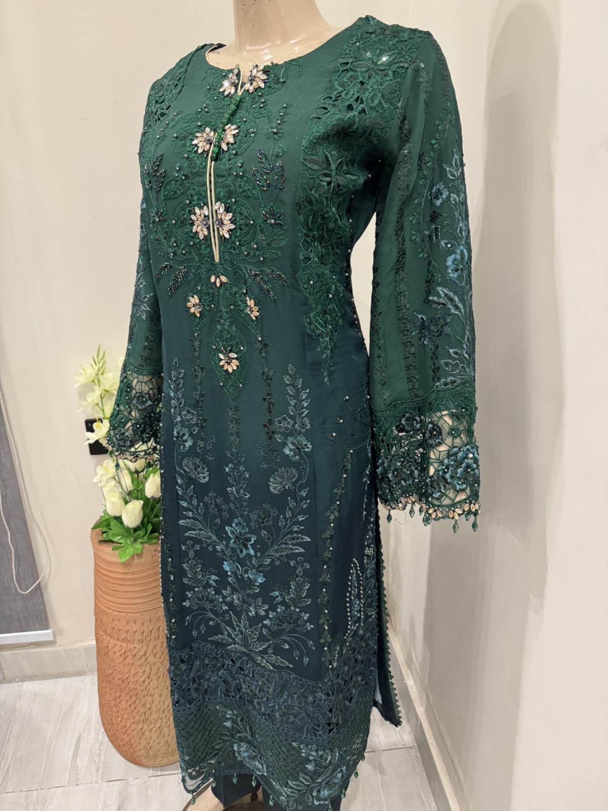 Pakistani GreenFancy Chiffon Dress with embroidery & Squins work, Xl