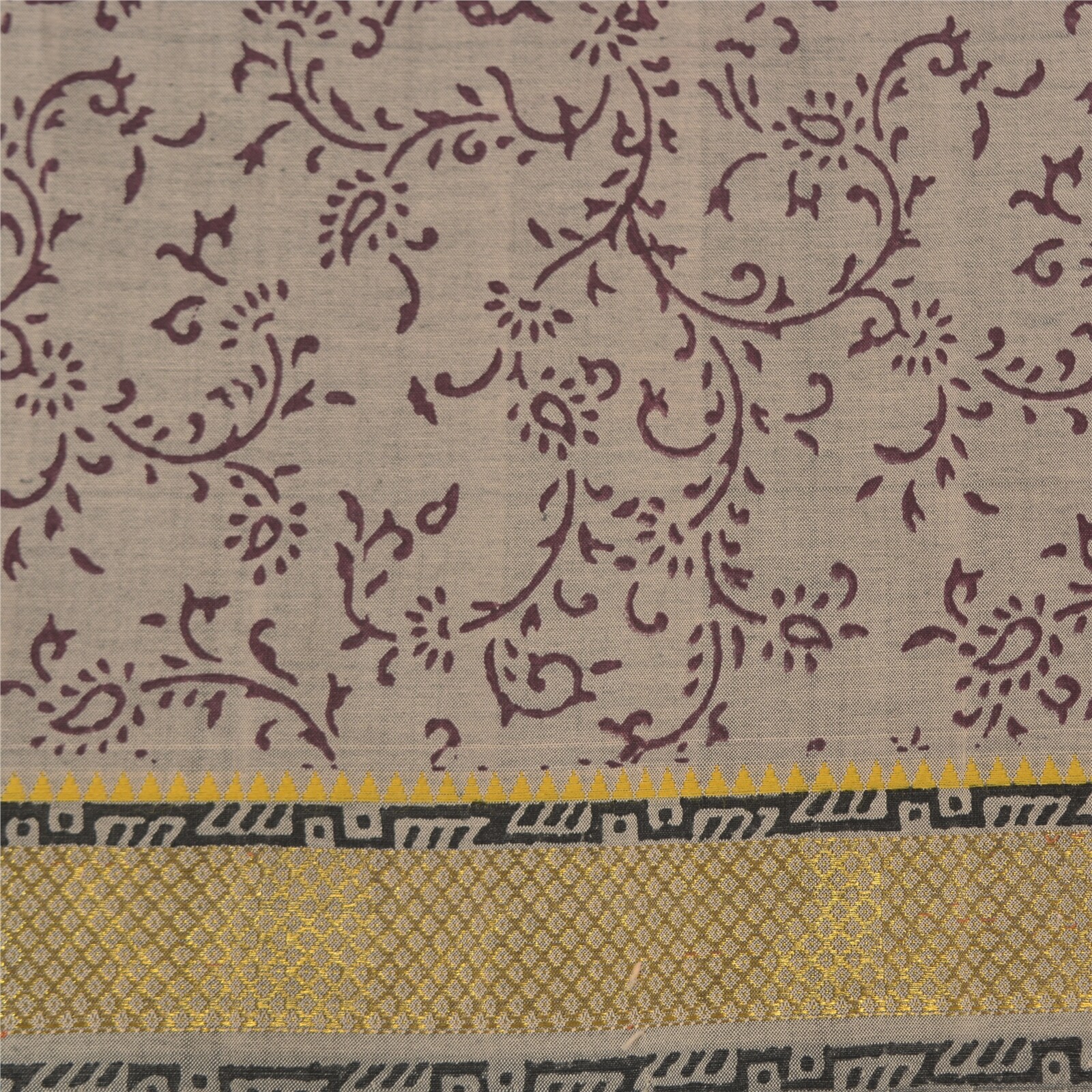 Sanskriti Vintage Grey Indian Sarees Blend Silk Hand-Block Printed Sari Fabric