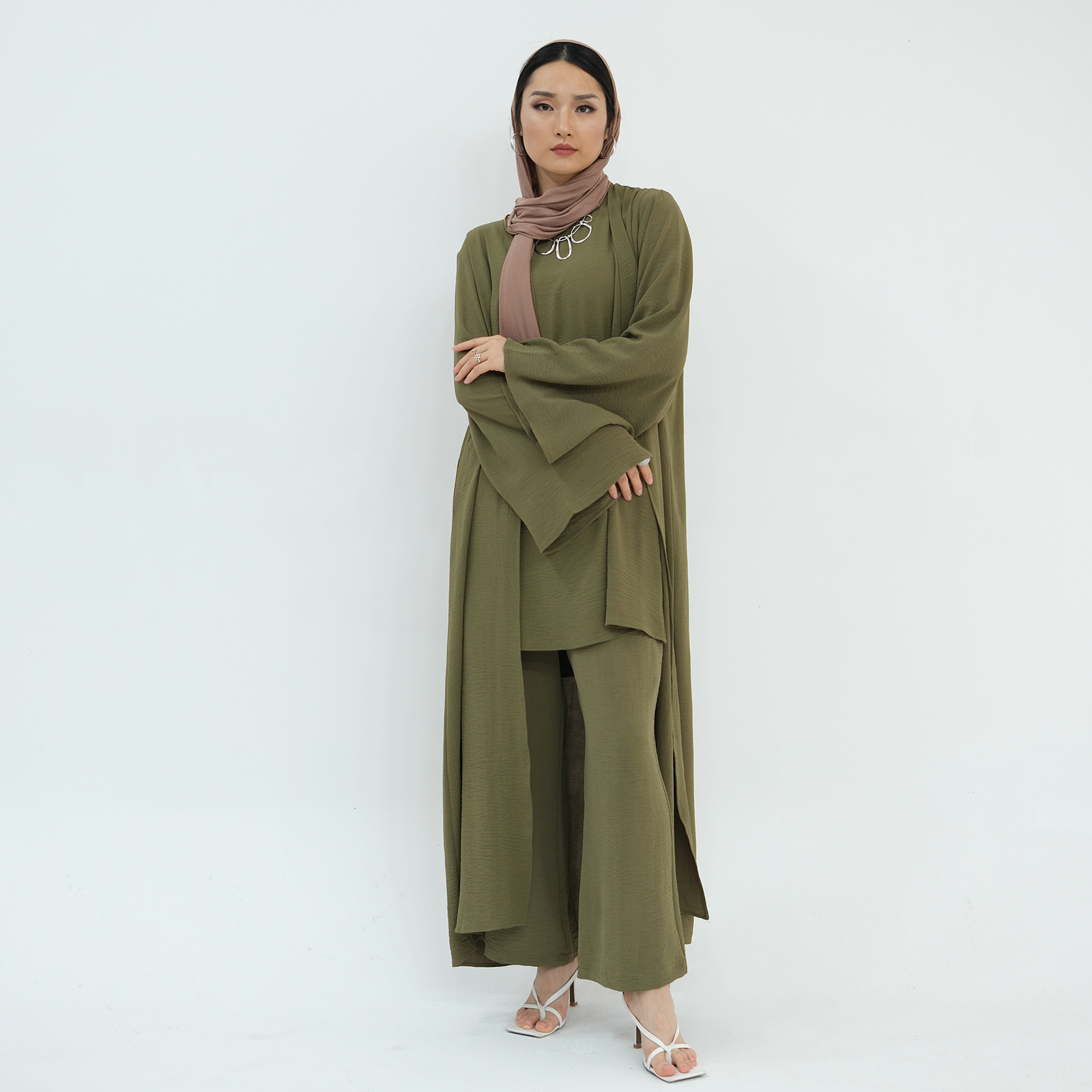 Muslim Women 3pcs Set Open Kimono Vest Pants Kaftan Dress Dubai Abaya Outfits