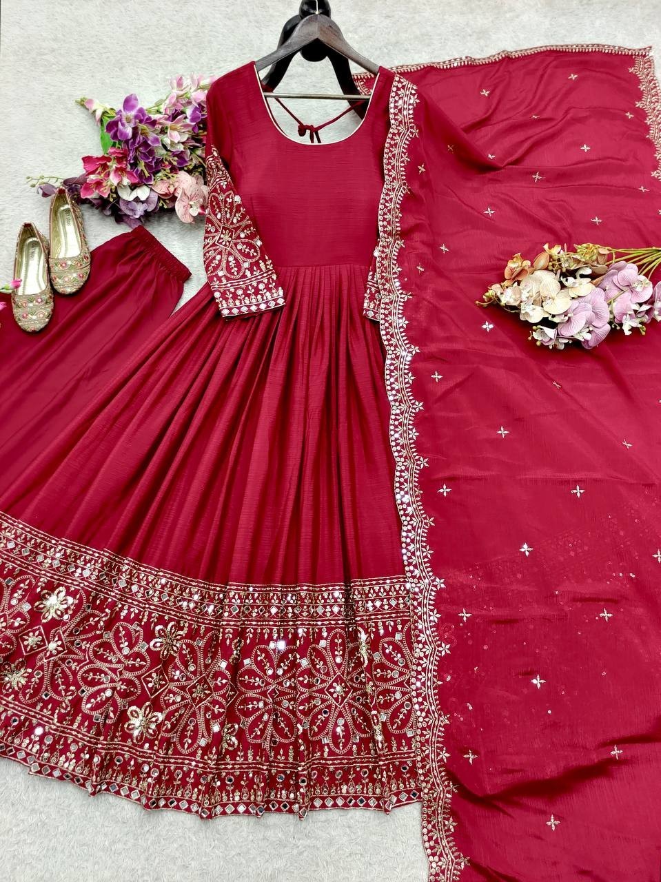 New Designer Maroon Chinnon Silk Salwar Kameez With Dupatta For Wedding