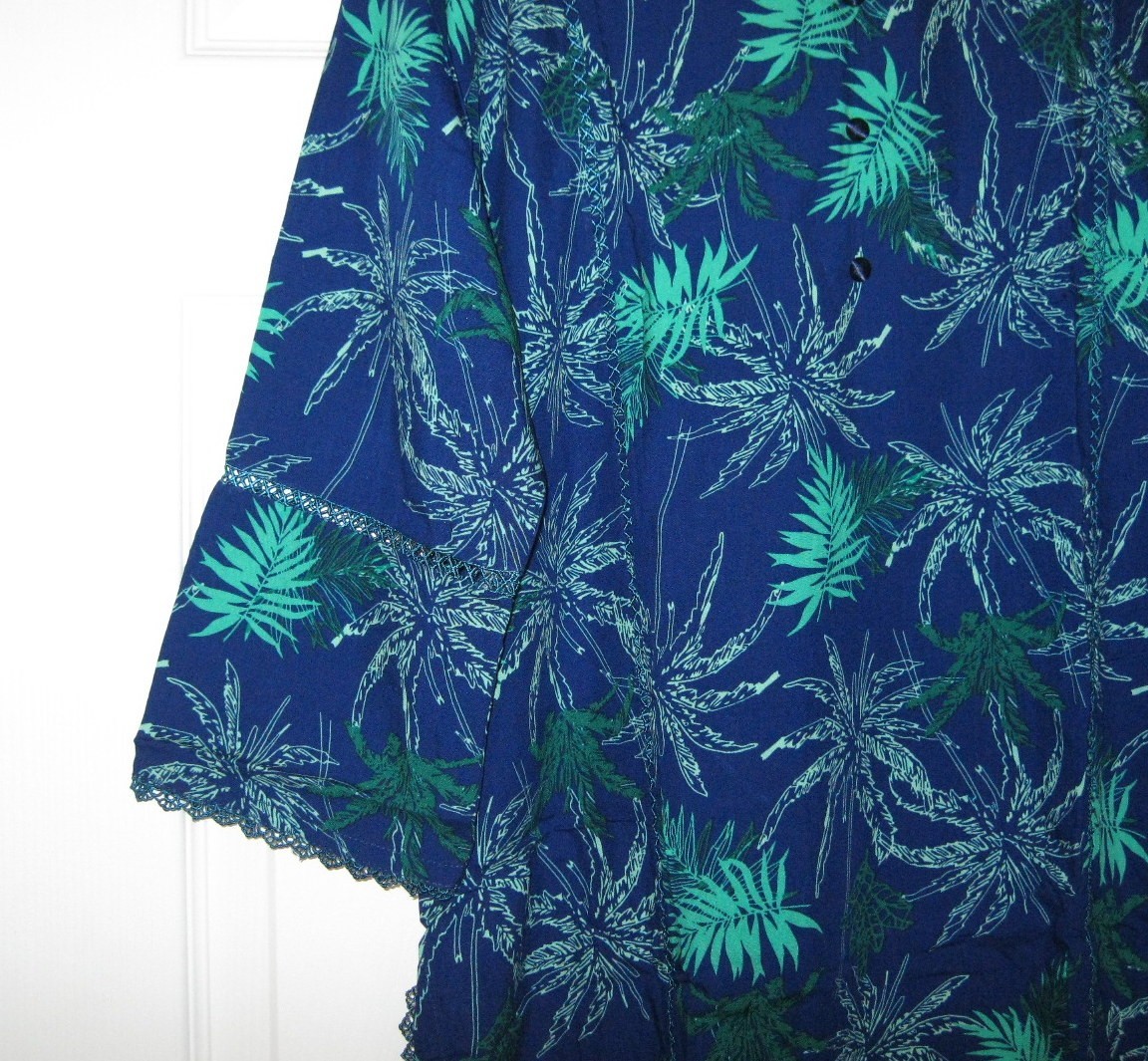 New 2 Pc Pakistani Print Lawn Kurti Trousers Suit Scalloped Trim Navy Palm XL