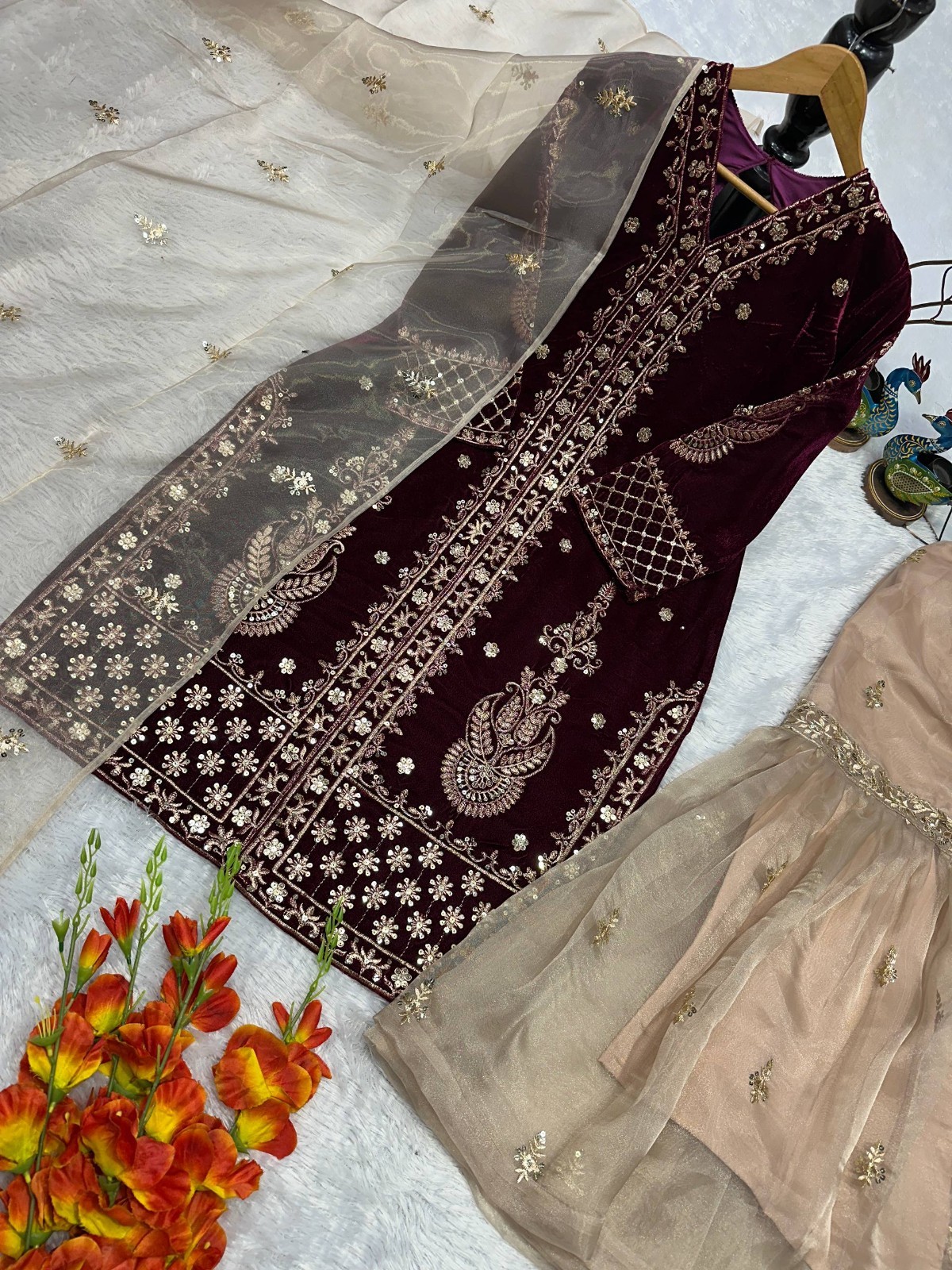 Stunning Heavy Viscose Velvet Wine Top Palazzo And Dupatta For Function Wear