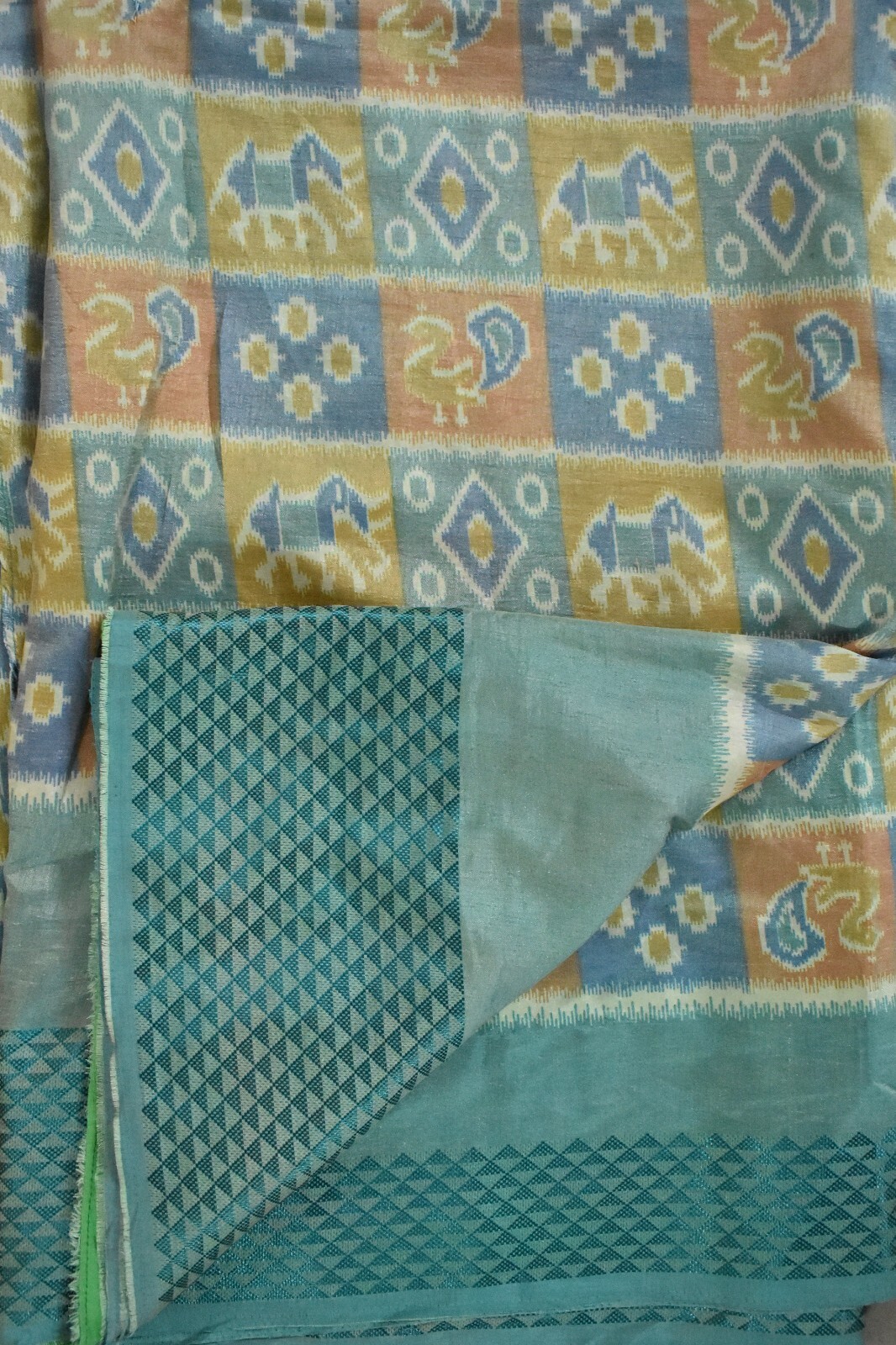 FNC Vintage Green Sambalpuri Ikat Sarees Handwoven Art Silk Sari Fabric Antique
