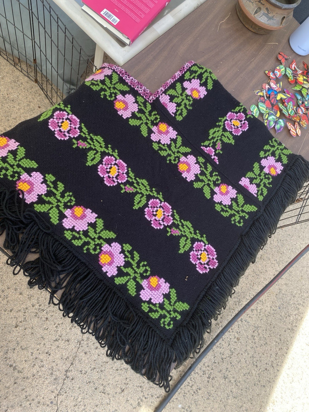 Mexican Poncho Black And Pink Flower Embroidered Handmade One Size