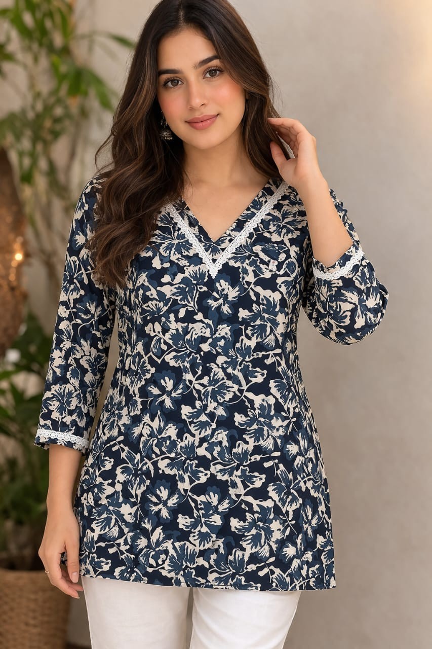 Floral Printed Pure Cotton Top Tunic Kurti Women Office Wear Short Kurta Dress