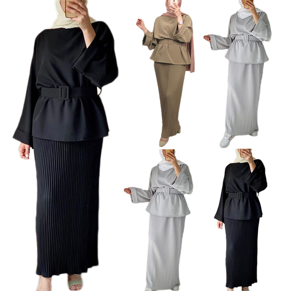 Dubai Muslim Women Long Sleeve Blouse Pants Outfits Two Piece Set Abaya Kaftan