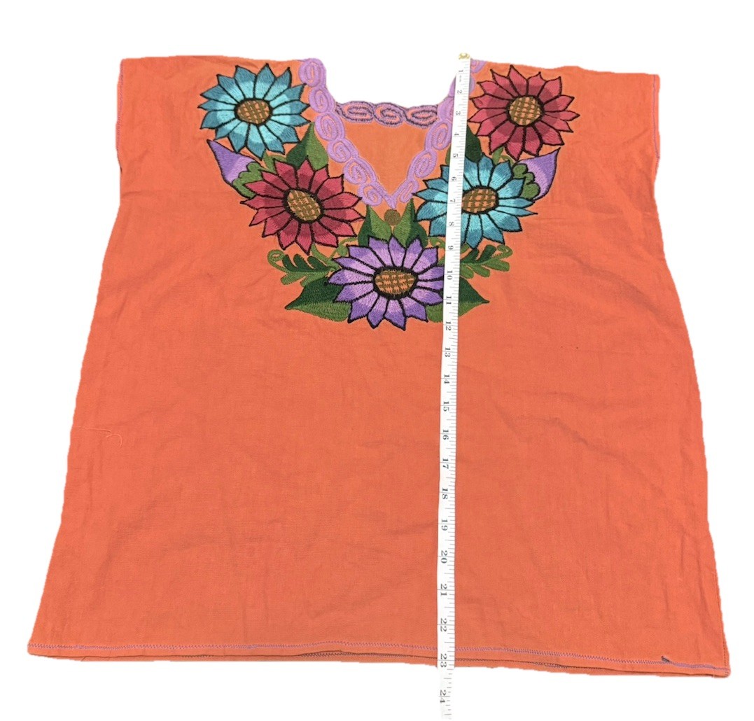 Orange Embroidered Floral Cotton Huipil Mexican shirt Women’s Size S