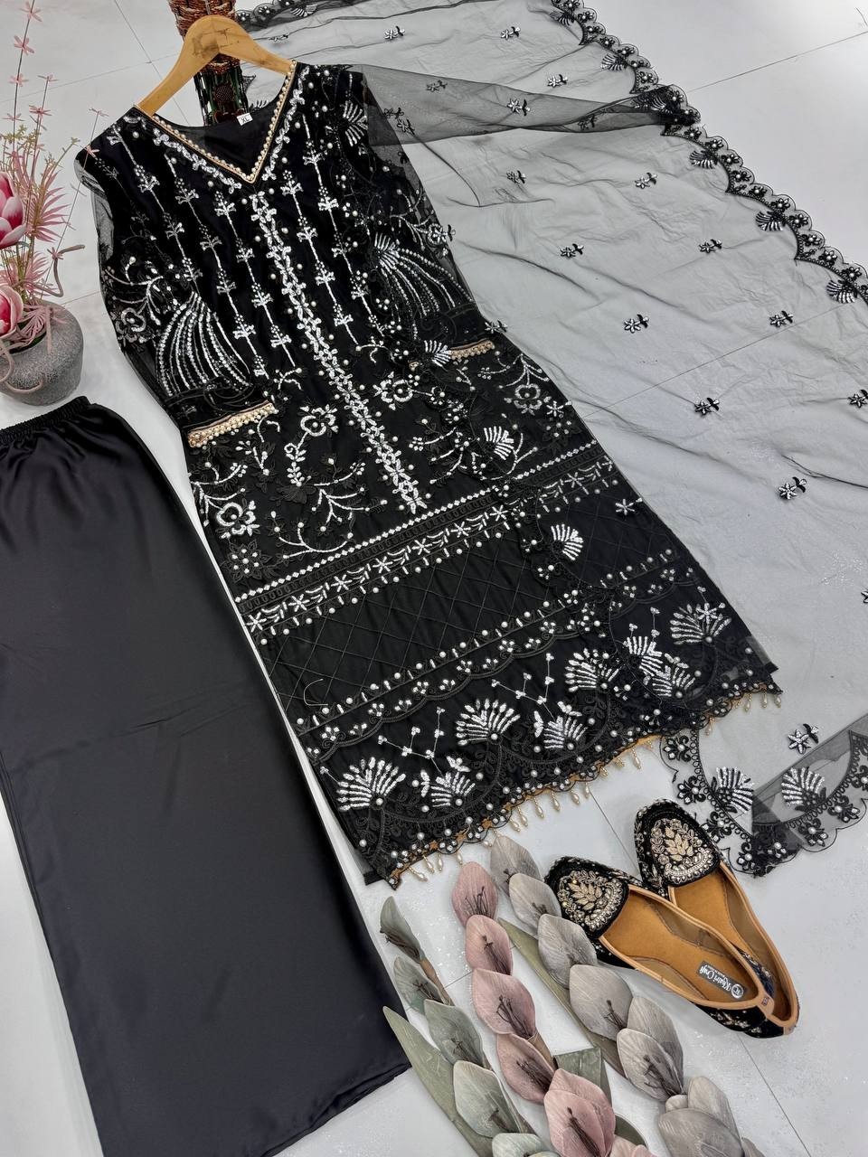 Elegant Black Soft Net Kurta Palazzo With Dupatta For Reception Wear
