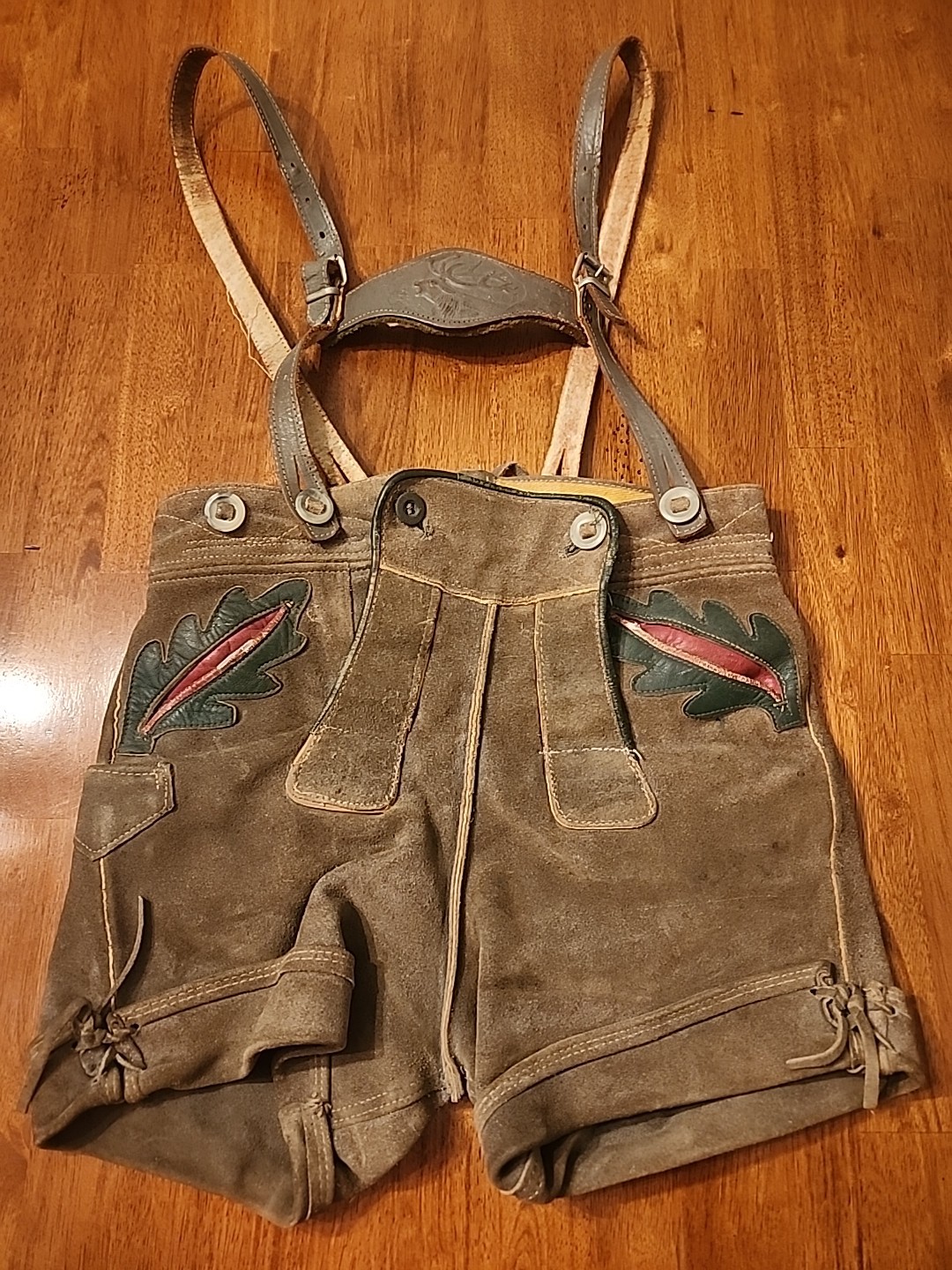 Vintage Youth Kids Lederhosen Short Suspenders GrayW/Red & Brown Leather Pockets