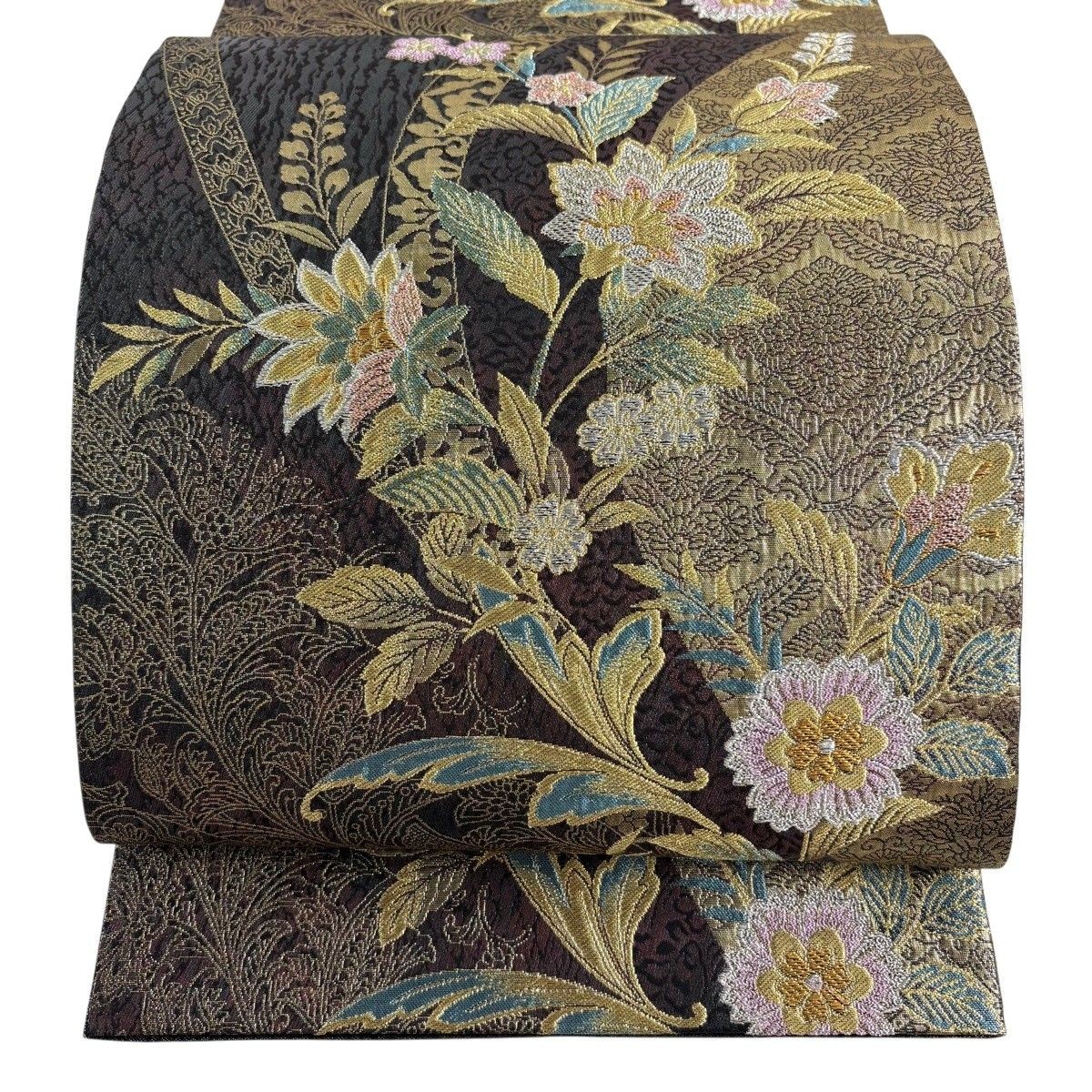 Fukuro Obi Six Panel Gold Silver Thread Foil Flowers Brown Purple Silk 440cm