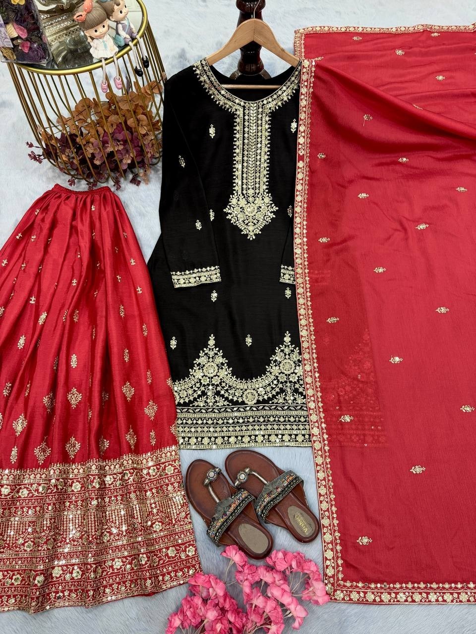Beautiful Look Black Chinon Silk Kurta Palazzo With Dupatta For Women & Girls