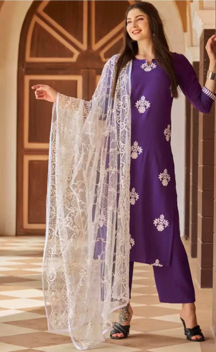 Indian Wear ; Ethnic Motifs embroidered thread work Kurta Palazzo and dupatta