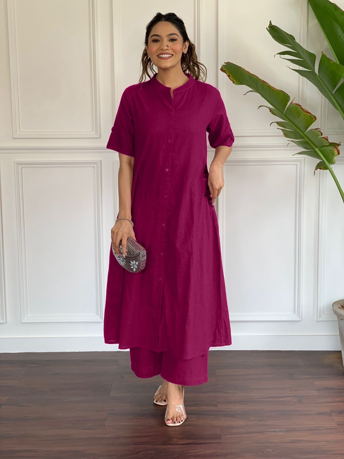 Women’s Berry Magenta Cotton Kurta Pant Set Button Front Casual Ethnic Outfit