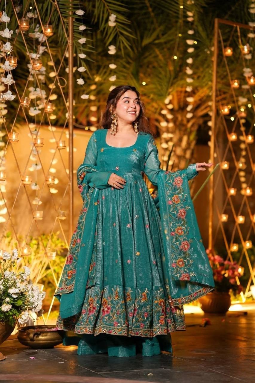 Latest Crunchy Gown Palazzo With Teal Blue Dupatta For Women Festival Wear