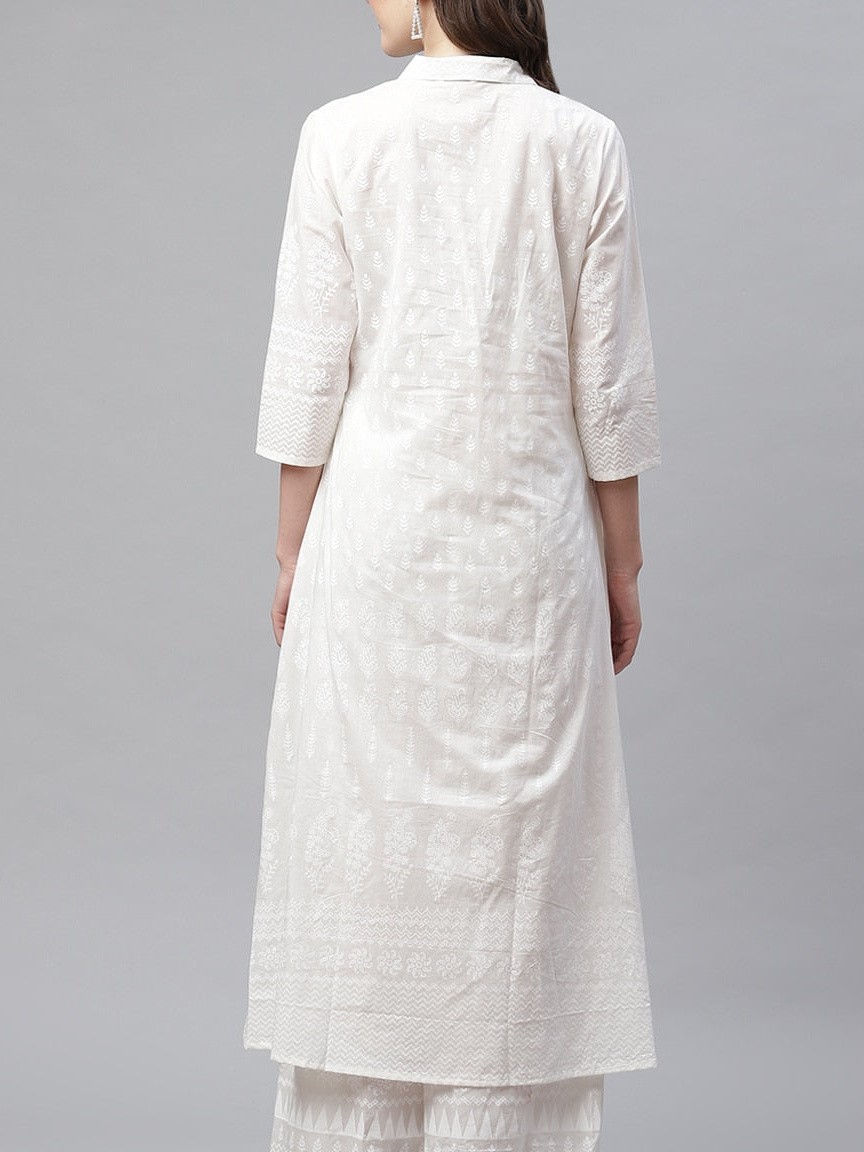 White Khari Print Cotton Kurti with Palazzo Set for Women Ethnic Wear Plus Size