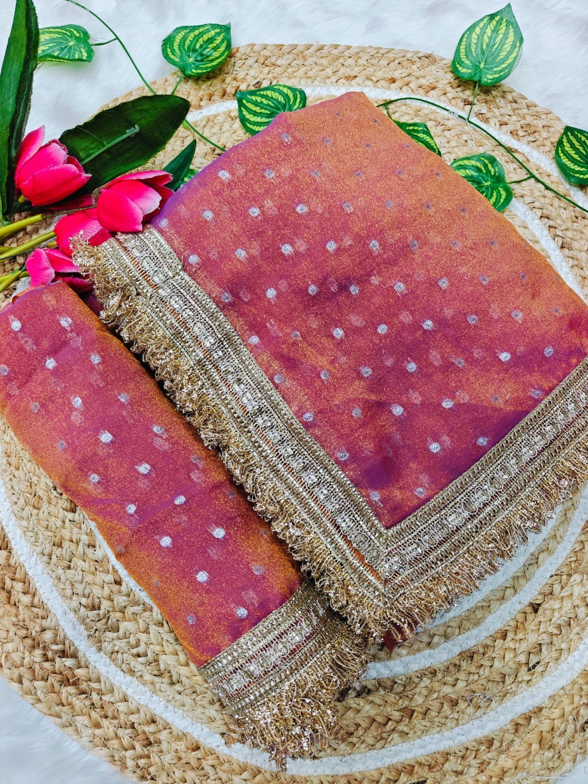 Shimmer Organza Silk Saree Heavy Golden Fringe Border Party Wear Sari Women Silk