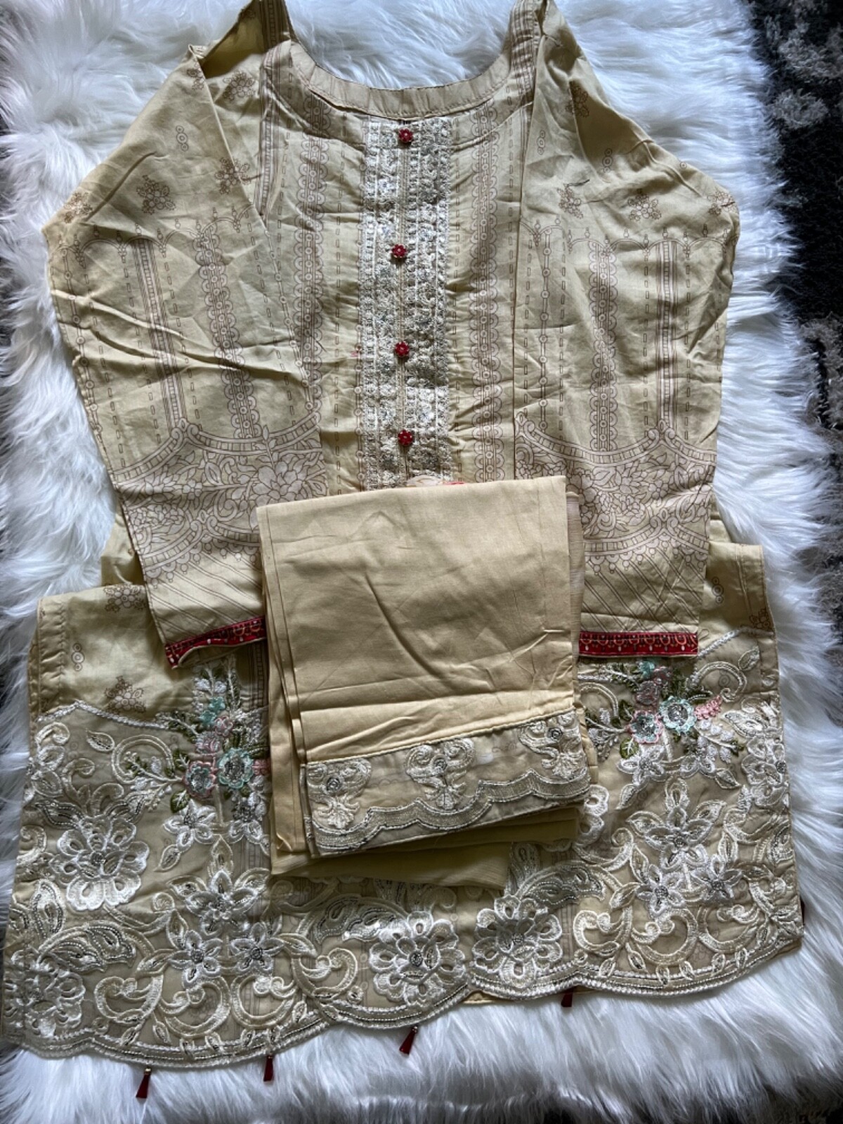 Pakistani / Indian 3PC Shalwar Kameez Cotton Lawn Printed Beige Women Size XL