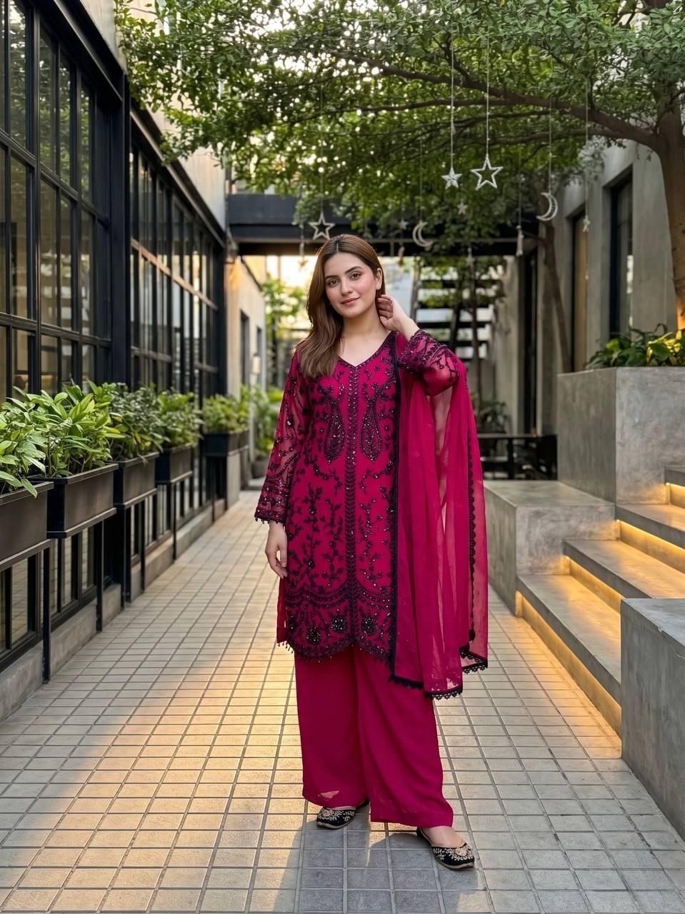 New Presenting Faux Georgette Pink Top Palazzo With Dupatta For Festival Wear