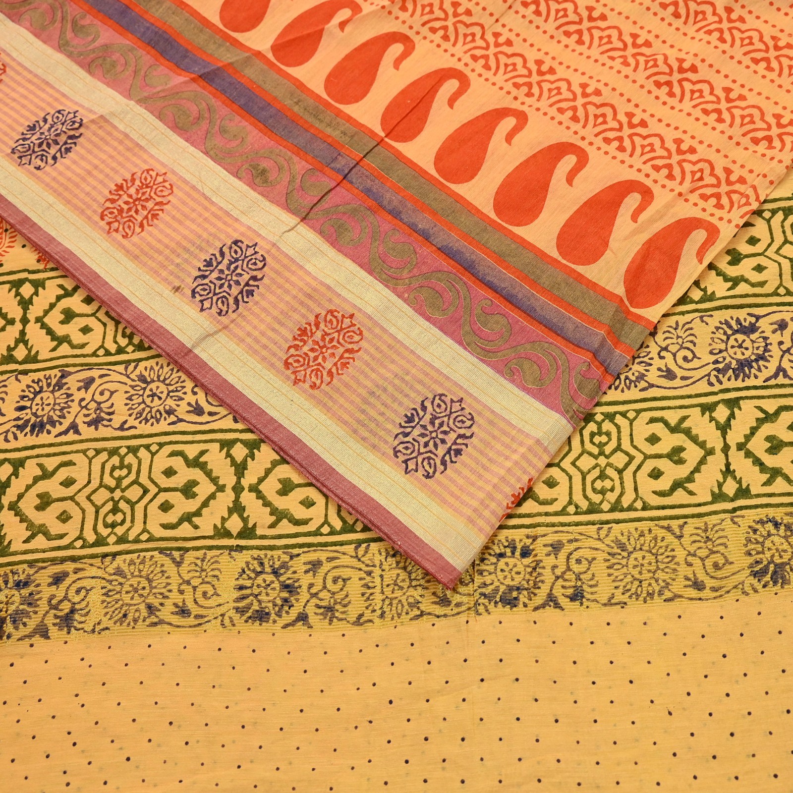 Indian Vintage Yellow Block Printed Pure Chanderi Silk Saree Floral Zari Fabric