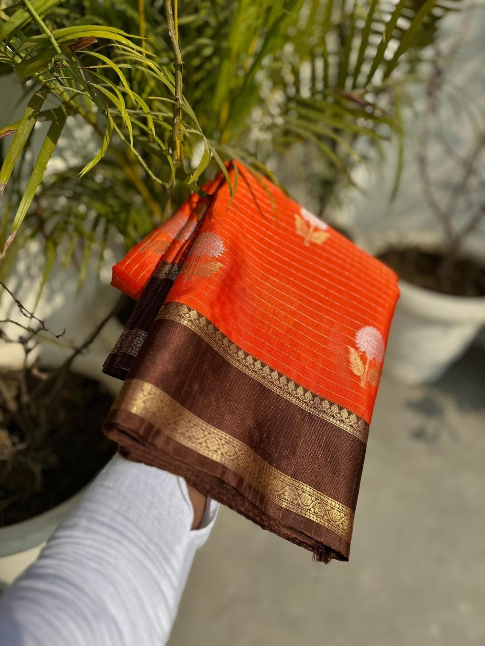 Trending Rust Orange Banarasi Soft Silk Saree with Gold Zari Checks & Blouse