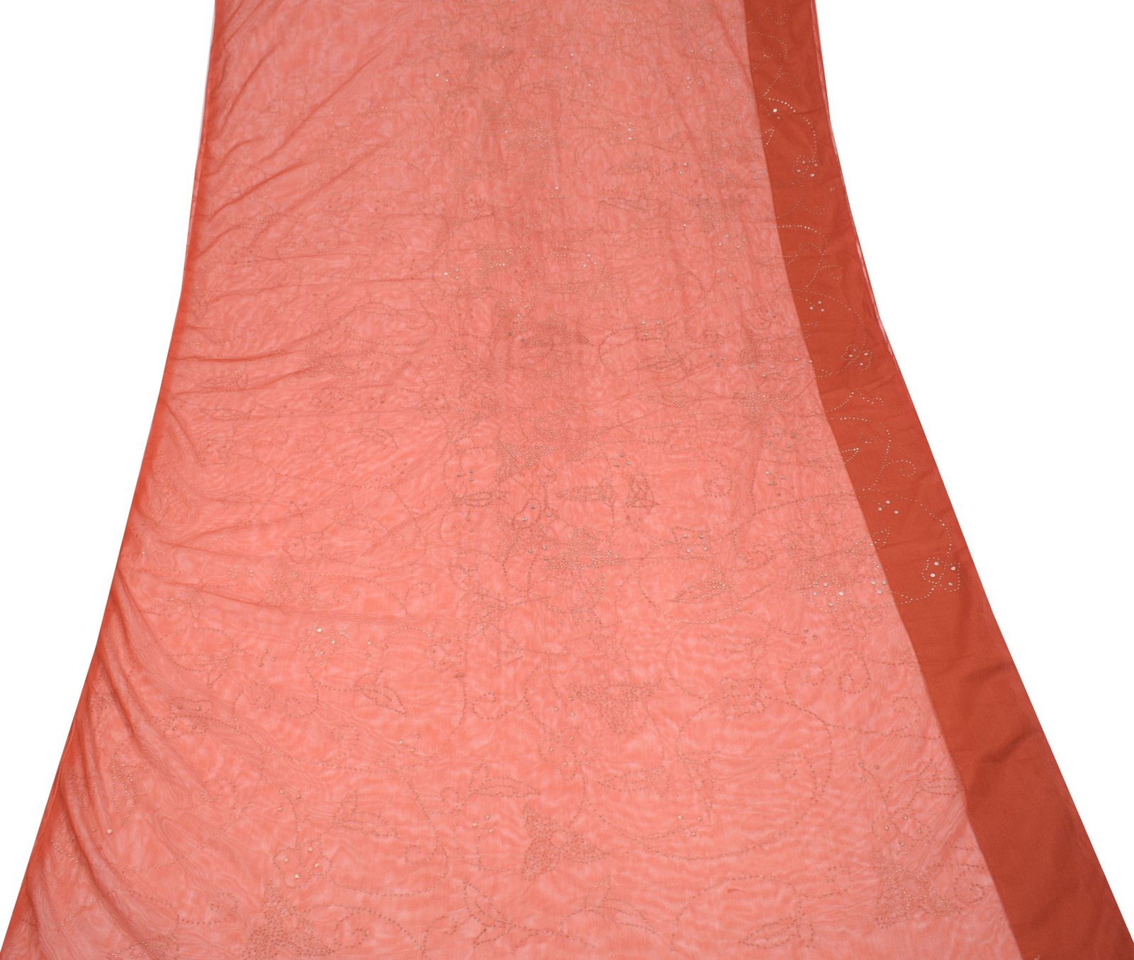 Sushila Vintage Rust Net Mesh Saree Mukesh Work Bollywood Party Wear Sari Fabric