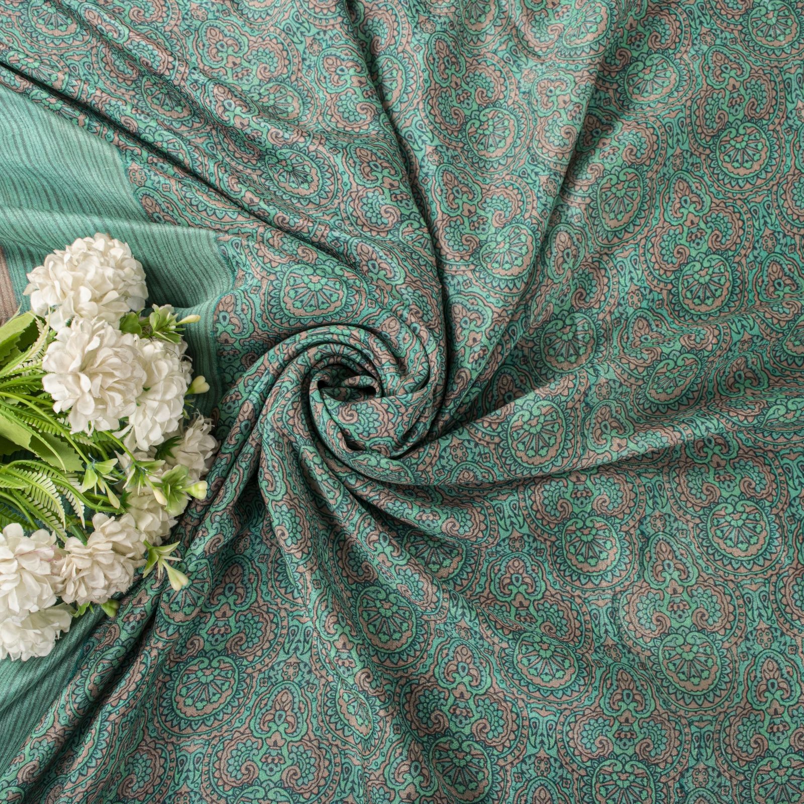 Sanskriti Vintage Saree Green Soft Pure Silk Floral Printed Sari 5.5+Yd Fabric