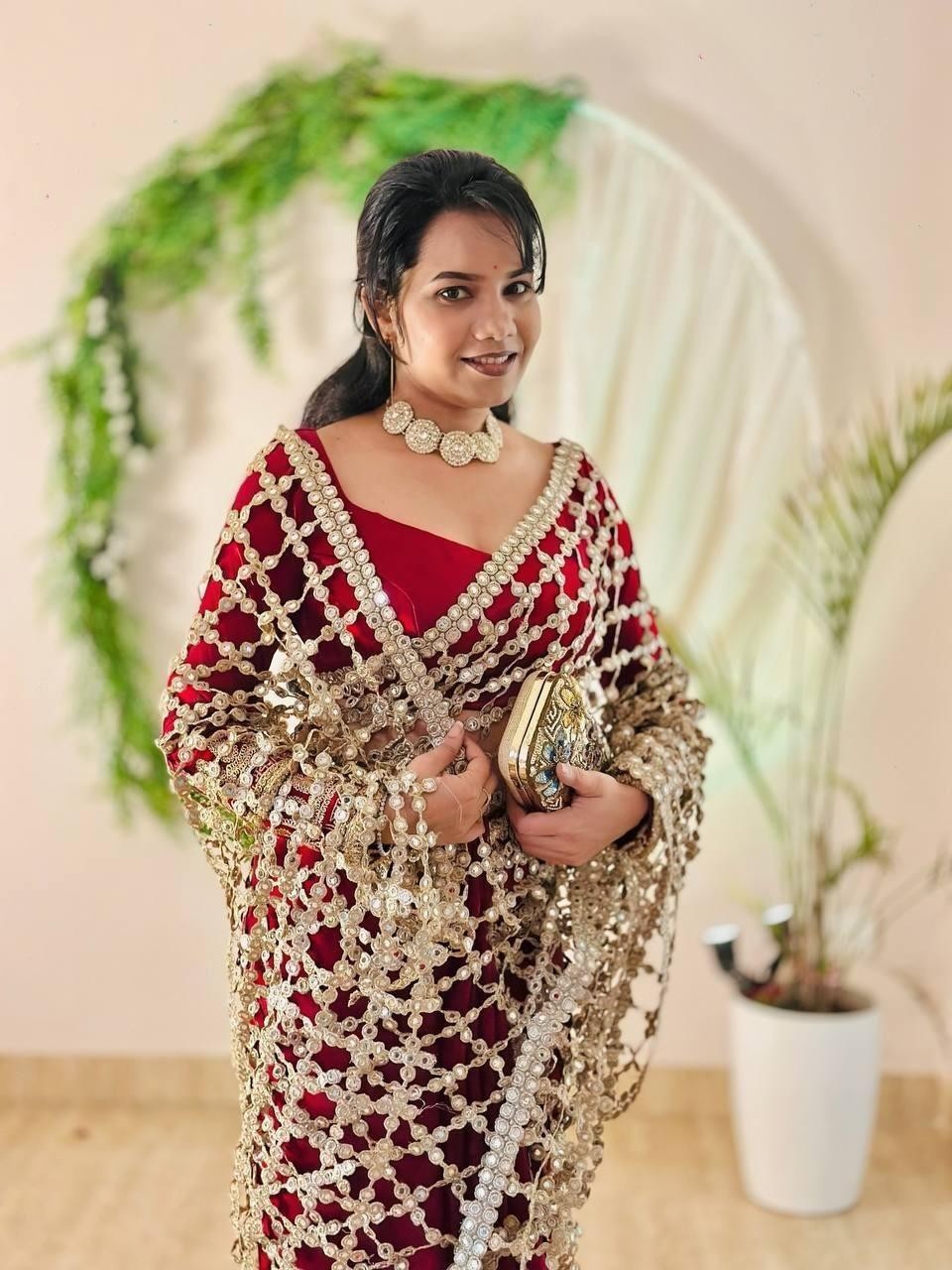 Designer Fendy Silk Maroon Color Saree with Mirror Work & Unstichhed Blouse