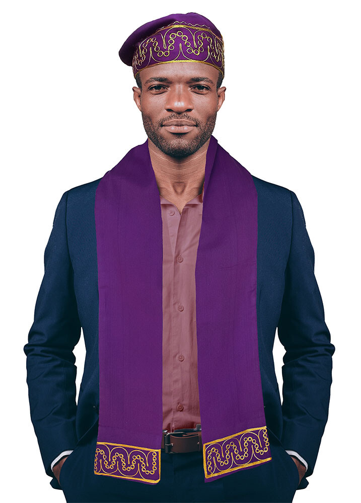 Purple and Gold Embroidered African Hat and Sash/Scarf